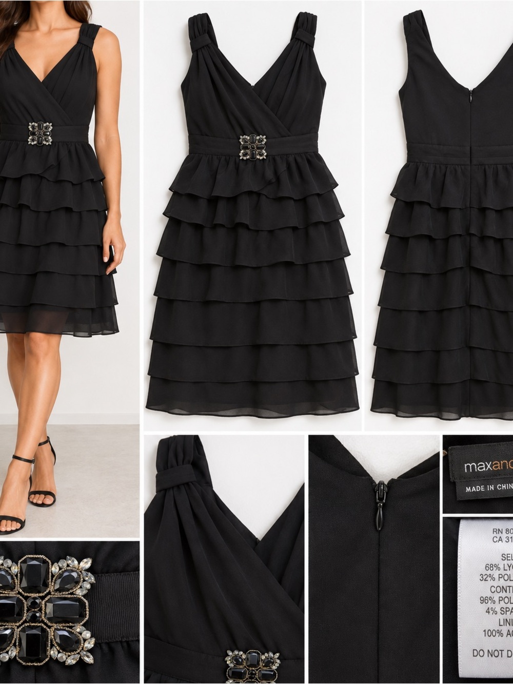 Max and Cleo Black Tiered Ruffle Cocktail Dress Jeweled Waist Size 2